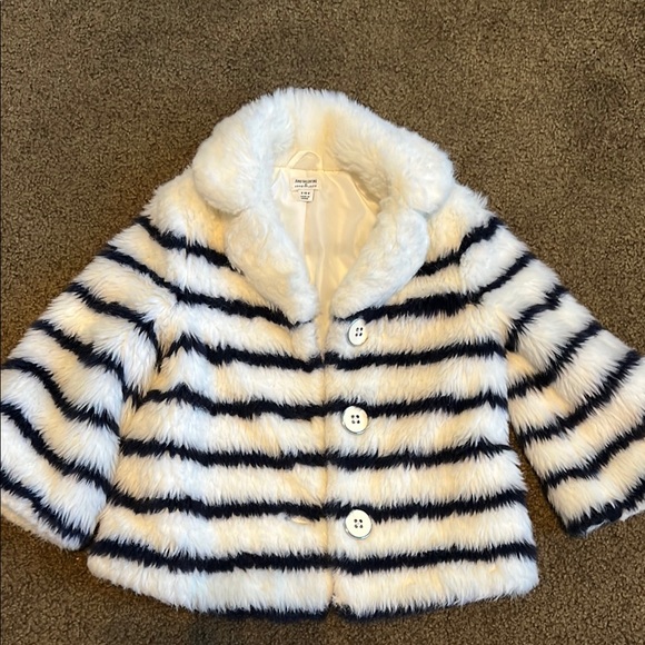 Janie and Jack Kids Striped Faux Fur Jacket - White and Navy 5to6 - Picture 1 of 4
